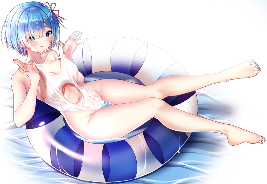 1girl absurdres blue_eyes blue_hair breasts casual_one-piece_swimsuit hair_ornament hair_over_one_eye hair_ribbon highres huge_filesize innertube large_breasts looking_at_viewer navel_cutout one-piece_swimsuit pink_ribbon re:zero_kara_hajimeru_isekai_seikatsu rem_(re:zero) ribbon short_hair solo swimsuit vitaminechan water white_swimsuit x_hair_ornament