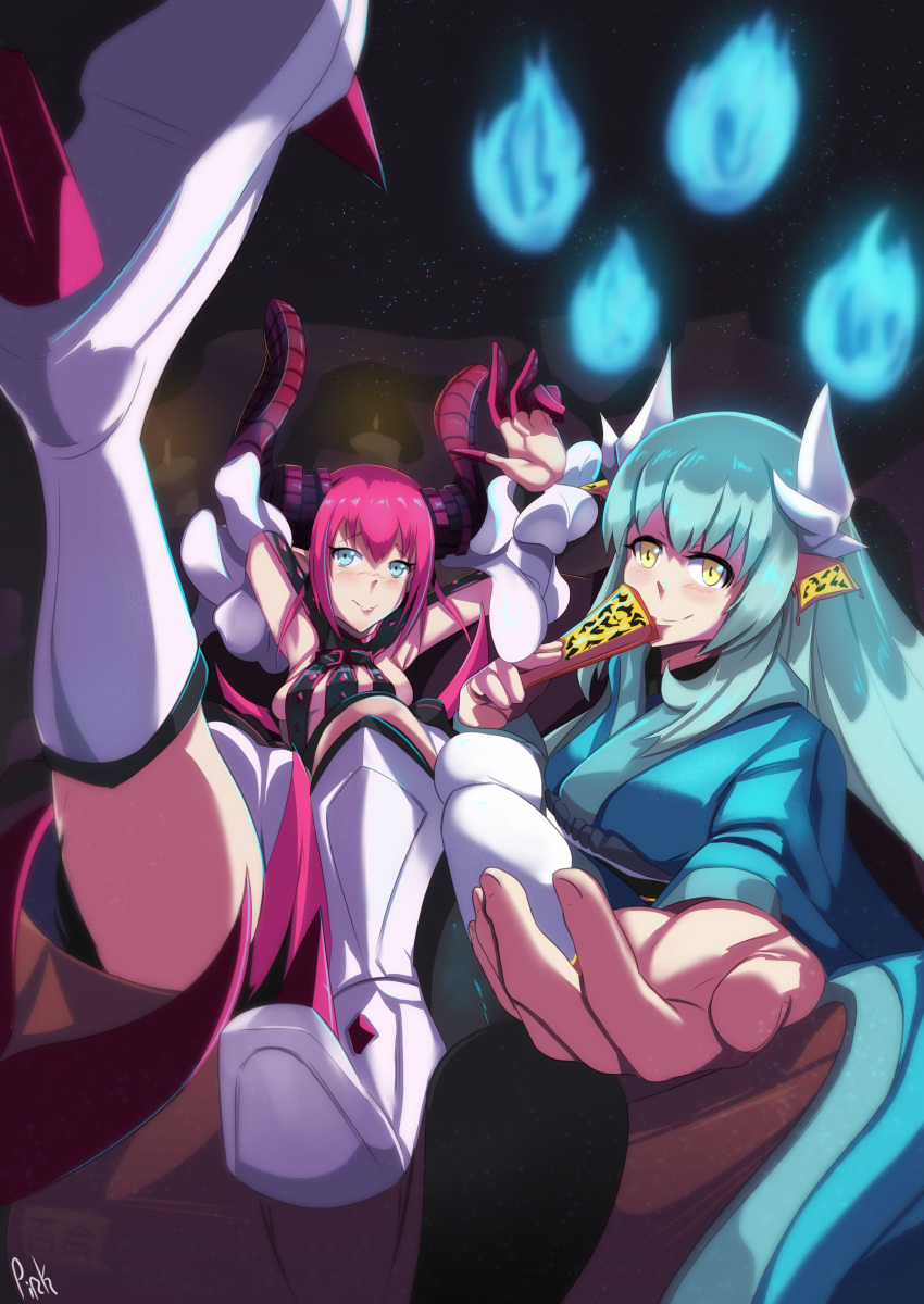 2girls absurdres aqua_hair aqua_kimono asymmetrical_horns blue_eyes boots box cardboard_box corset curled_horns dragon_girl dragon_horns dragon_tail elizabeth_bathory_(fate) elizabeth_bathory_(fate)_(all) fan fate/extra fate/extra_ccc fate/grand_order fate_(series) folding_fan highres holding holding_fan horns in_box in_container japanese_clothes kimono kiyohime_(fate/grand_order) long_hair multiple_girls multiple_horns obi pink_hair pink_seito pointy_ears sash sitting smile spiked_footwear tail white_footwear yellow_eyes