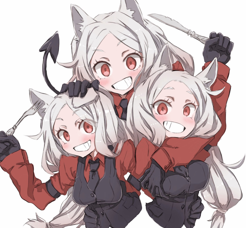 3girls :d animal_ear_fluff animal_ears bangs black_gloves black_neckwear black_tail blush breast_grab breasts cerberus_(helltaker) collared_shirt demon_girl demon_tail dog_ears dog_girl eyebrows_visible_through_hair fang fork gloves grabbing grin hand_on_another's_head hand_on_breast helltaker highres knife long_hair looking_at_viewer low-tied_long_hair medium_breasts multiple_girls necktie neckwear nwny_psn_ver2 open_mouth red_eyes red_shirt revision shirt siblings simple_background sisters small_breasts smile tail triplets upper_body white_background white_hair
