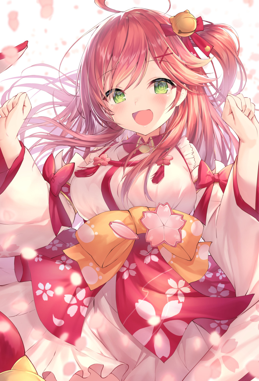 1girl :d ahoge bangs bell blush bow breasts brown_bow cherry_blossom_print clenched_hands commentary_request eyebrows_visible_through_hair floral_print green_eyes hair_bell hair_bow hair_ornament hairclip hands_up highres hololive japanese_clothes jingle_bell kimono long_hair long_sleeves looking_at_viewer medium_breasts one_side_up open_mouth paw_print_pattern petals pink_hair red_bow redhead sakura_miko smile solo topia virtual_youtuber white_kimono wide_sleeves x_hair_ornament