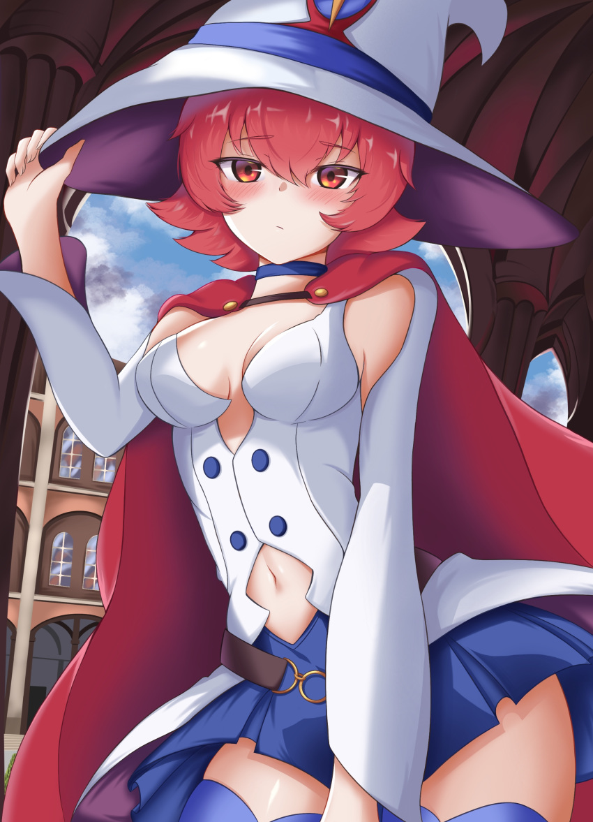 1girl absurdres bare_shoulders blue_choker blue_legwear blue_skirt breasts cape choker cowboy_shot detached_sleeves eyebrows_visible_through_hair hand_on_headwear hat highres little_witch_academia looking_at_viewer medium_breasts navel navel_cutout nicksuslin red_cape red_eyes redhead shiny_chariot short_hair skirt solo thighs vest white_headwear witch_hat