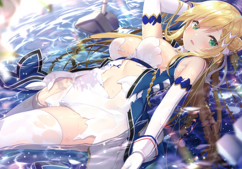 1girl absurdres arm_up azur_lane bangs bare_shoulders blonde_hair blurry blurry_foreground blush bow breasts day depth_of_field detached_sleeves dress eyebrows_visible_through_hair forbin_(azur_lane) gloves green_eyes hair_between_eyes hair_bow hair_bun highres huge_filesize large_breasts long_sleeves looking_at_viewer lying on_back outdoors parted_lips ribbon scan shallow_water side_bun sleeveless sleeveless_dress solo sunlight thigh-highs torn_clothes torn_dress water wet wet_clothes wet_legwear white_bow white_dress white_gloves white_legwear white_ribbon white_sleeves yano_mitsuki
