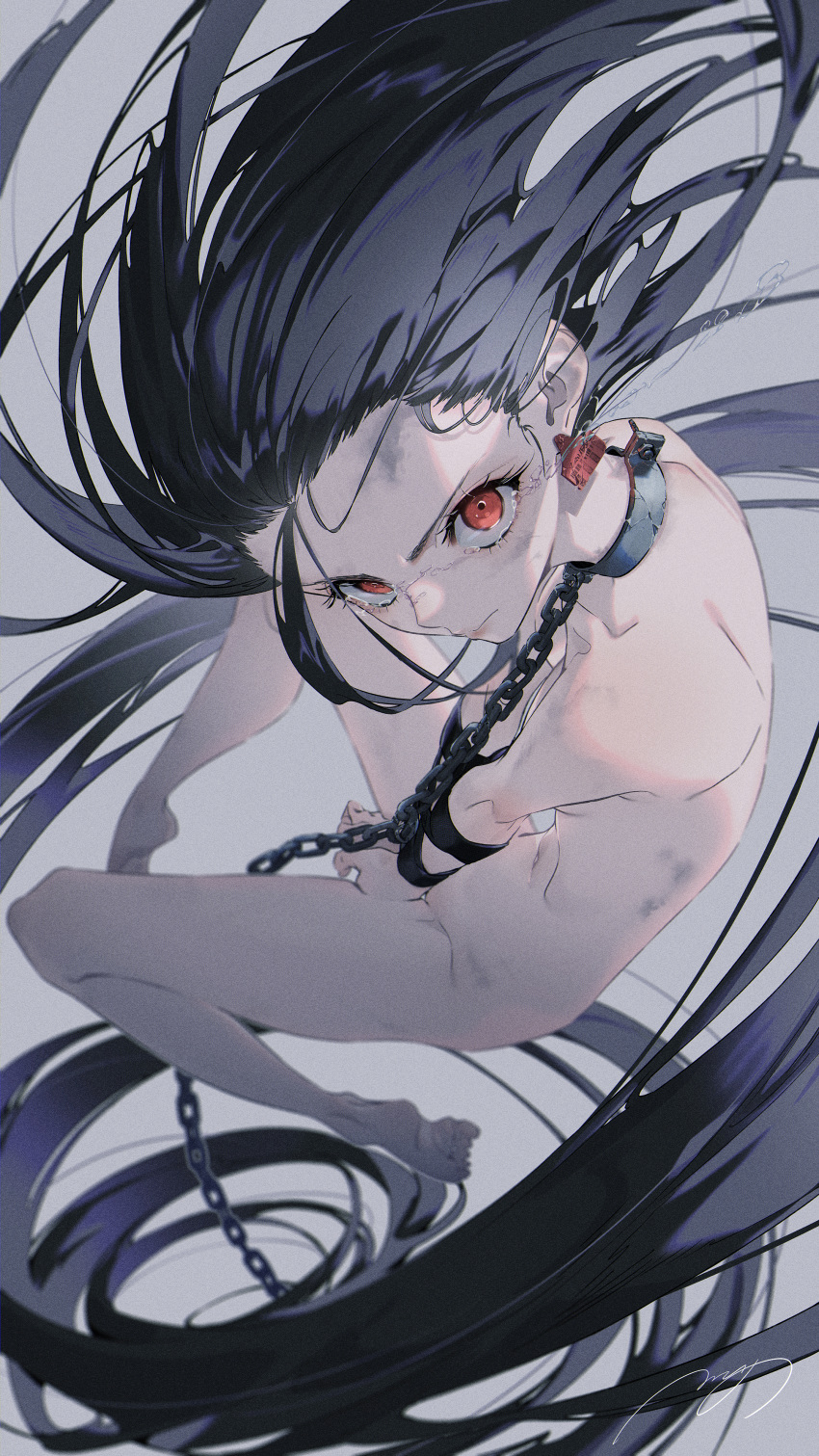 1girl absurdres back barefoot black_hair bound bound_arms chain collar earrings glaring highres huge_filesize jewelry long_hair looking_at_viewer nude original red_eyes rolua solo tears very_long_hair