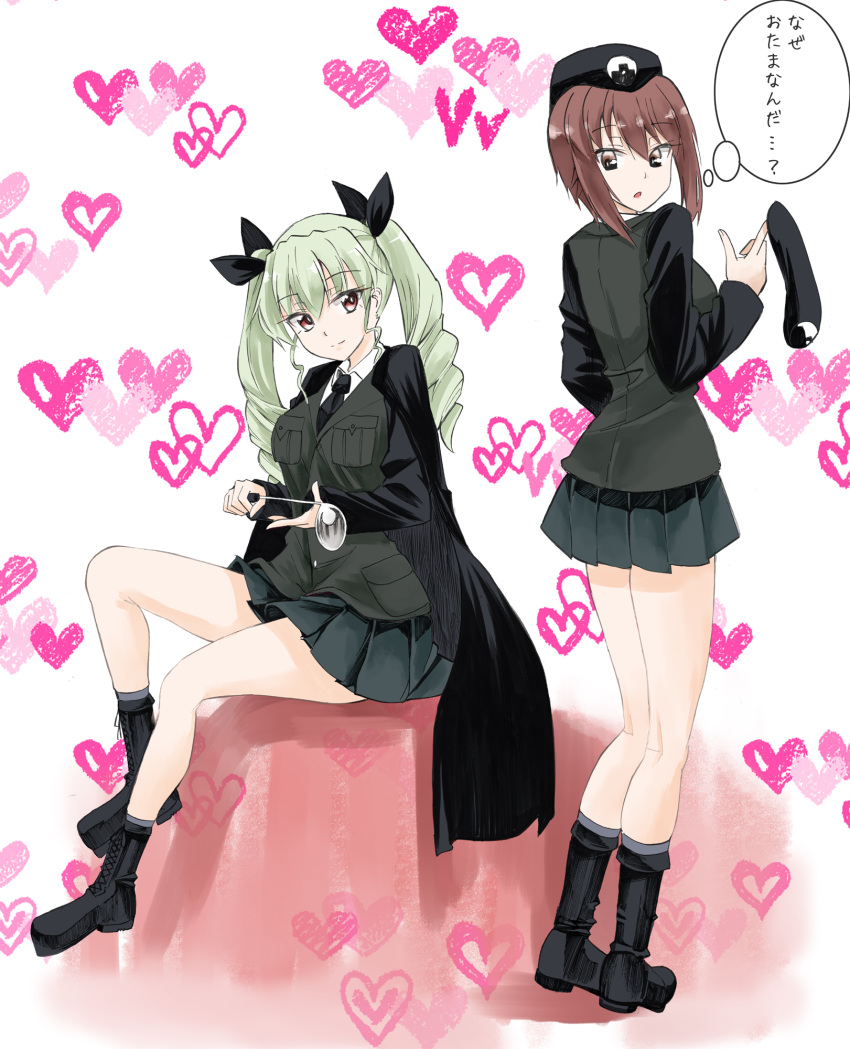 2girls alternate_costume anchovy_(girls_und_panzer) bad_id bad_twitter_id bangs black_cape black_footwear black_jacket black_neckwear black_ribbon black_skirt boots brown_eyes brown_hair cape closed_mouth commentary cross-laced_footwear dress_shirt drill_hair eno_(mauritz_stiller) eyebrows_visible_through_hair girls_und_panzer green_hair grey_legwear hair_ribbon hat hat_removed headwear_removed heart heart_background highres holding holding_hat holding_ladle jacket lace-up_boots ladle long_hair long_sleeves looking_at_another looking_at_viewer looking_back military military_uniform miniskirt multiple_girls necktie nishizumi_maho older open_mouth pleated_skirt red_eyes ribbon selection_university_military_uniform shirt short_hair sitting skirt smile socks standing translated twin_drills twintails uniform white_shirt