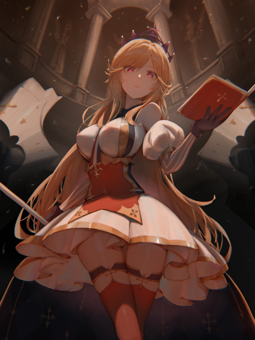 1girl azur_lane bare_shoulders between_breasts black_gloves blonde_hair book breasts column crown dress eyebrows_visible_through_hair eyyy french_flag gloves hair_ornament hat highres holding indoors large_breasts long_hair long_sleeves looking_at_viewer looking_down open_book pillar red_eyes red_legwear richelieu_(azur_lane) solo statue thigh-highs thighs