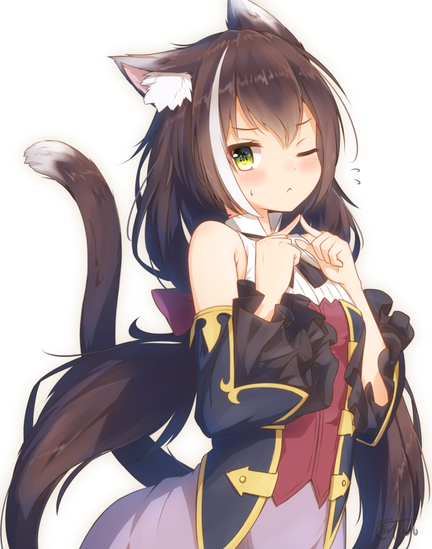 1girl :&lt; animal_ear_fluff animal_ears black_hair blush cat_ears cat_tail closed_mouth coreytaiyo detached_sleeves green_eyes highres karyl_(princess_connect!) long_hair looking_at_viewer low_twintails multicolored_hair one_eye_closed princess_connect! princess_connect!_re:dive simple_background streaked_hair tail twintails white_background white_hair