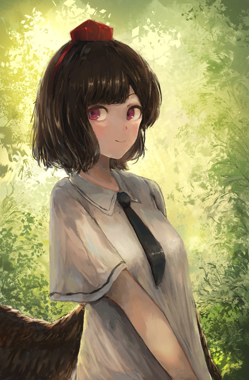 1girl black_hair black_neckwear black_wings breasts closed_mouth collared_shirt commentary_request fjsmu forest hat highres looking_at_viewer looking_to_the_side medium_breasts nature necktie red_headwear shameimaru_aya shirt short_hair short_sleeves smile solo tokin_hat touhou violet_eyes white_shirt wings