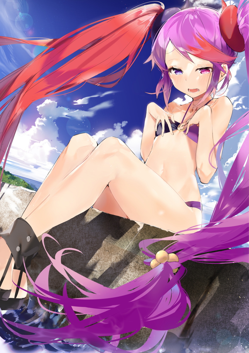 1girl absurdres aida_(chinhung0612) bare_shoulders bikini blush hair_ornament hairclip heterochromia highres long_hair misaki_(princess_connect!) multicolored_hair ocean open_mouth outdoors princess_connect! princess_connect!_re:dive purple_hair red_eyes redhead sitting sky solo swimsuit twintails two-tone_hair very_long_hair violet_eyes