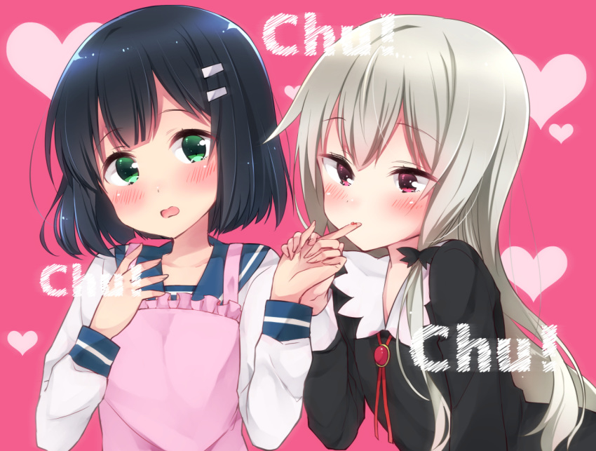 2girls amano_akari apron black_dress black_hair blue_sailor_collar blush collared_dress commentary_request dress finger_licking green_eyes grey_hair hair_ornament hairclip heart holding_hands licking long_hair multiple_girls onomatopoeia pink_apron pink_background red_eyes sailor_collar school_uniform serafuku shirt short_hair sk02 sophie_twilight tonari_no_kyuuketsuki-san upper_body very_long_hair white_shirt yuri