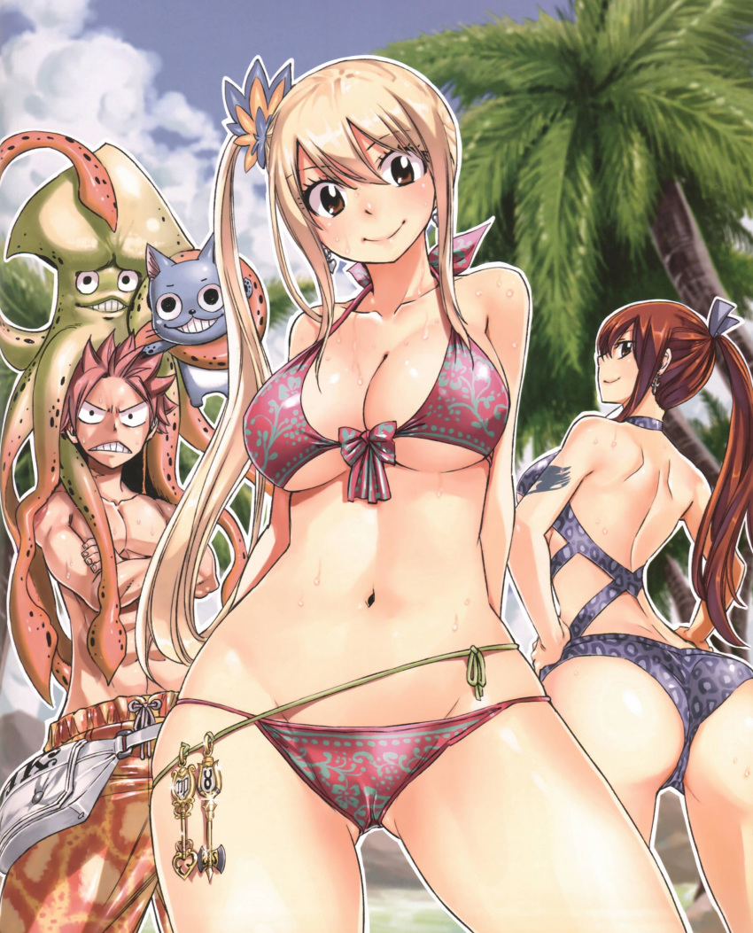 1boy 2girls absurdres animal_on_head animal_print arm_tattoo arms_behind_back ass bikini blonde_hair blue_swimsuit breasts constricted_pupils crossed_arms day earrings erza_scarlet fairy_tail grin halter_top halterneck hands_on_hips highres jewelry large_breasts leopard_print long_hair looking_at_viewer looking_back lucy_heartfilia male_swimwear mashima_hiro multiple_girls natsu_dragneel navel official_art on_head outdoors outline palm_tree redhead scan side_ponytail smile spiky_hair striped striped_bikini sweat swim_trunks swimsuit swimwear tattoo tree white_outline