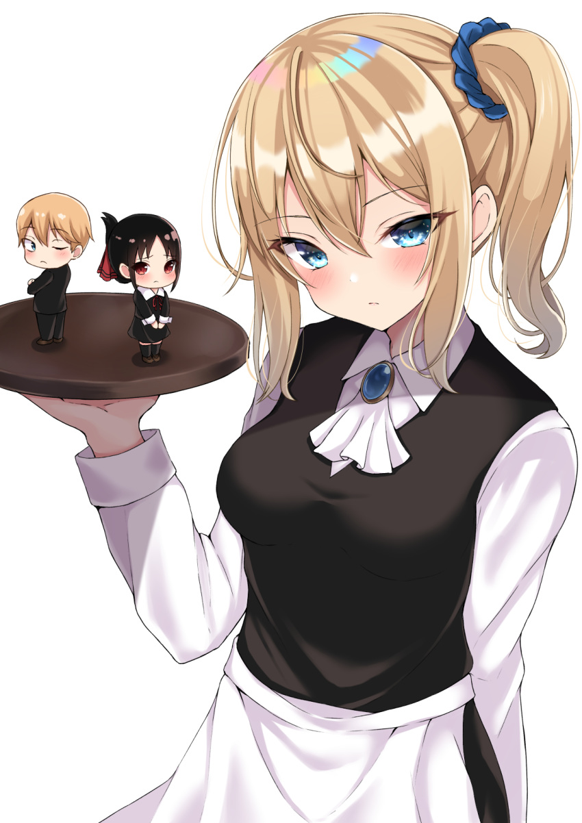 1boy 2girls black_dress black_hair blonde_hair blue_eyes blue_scrunchie chibi collared_dress dress eyebrows_visible_through_hair folded_ponytail hair_between_eyes hair_ornament hair_ribbon hair_scrunchie hayasaka_ai highres kaguya-sama_wa_kokurasetai_~tensai-tachi_no_renai_zunousen~ long_sleeves looking_at_viewer multiple_girls nakaji_(user_snap3353) one_eye_closed orange_hair red_eyes red_ribbon ribbon school_uniform scrunchie shinomiya_kaguya shirogane_miyuki short_hair side_ponytail sidelocks simple_background white_background white_neckwear white_sleeves