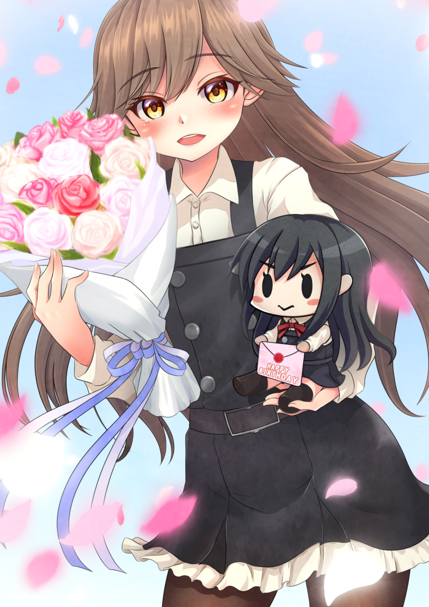 1girl absurdres arashio_(kantai_collection) asashio_(kantai_collection) black_legwear bouquet brown_eyes brown_hair character_doll commentary_request cowboy_shot dress envelope flower frilled_dress frills happy_birthday highres kantai_collection long_hair long_sleeves looking_at_viewer makura_(user_jpmm5733) pantyhose petals pinafore_dress remodel_(kantai_collection) rose shirt smile solo white_shirt