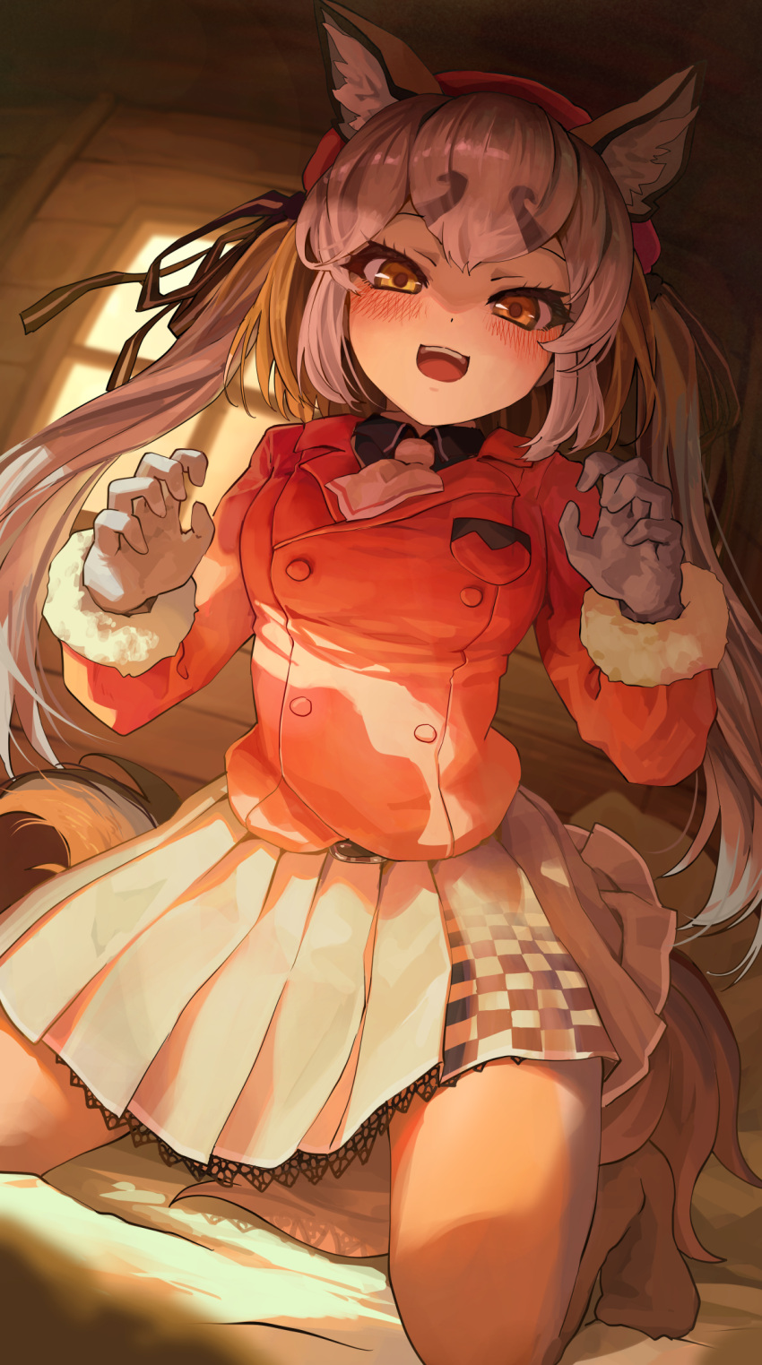 1girl beret black_shirt blush collared_shirt commentary_request eyebrows_visible_through_hair fur_trim gloves grey_gloves grey_hair grey_legwear grey_skirt hat highres island_fox_(kemono_friends) jacket kemono_friends kemono_friends_v_project long_hair long_sleeves looking_at_viewer melaton multicolored_hair necktie no_shoes official_alternate_costume open_mouth orange_eyes orange_hair orange_headwear orange_jacket orange_legwear pantyhose pleated_skirt pov shirt skirt solo twintails two-tone_hair two-tone_legwear virtual_youtuber white_fur white_necktie