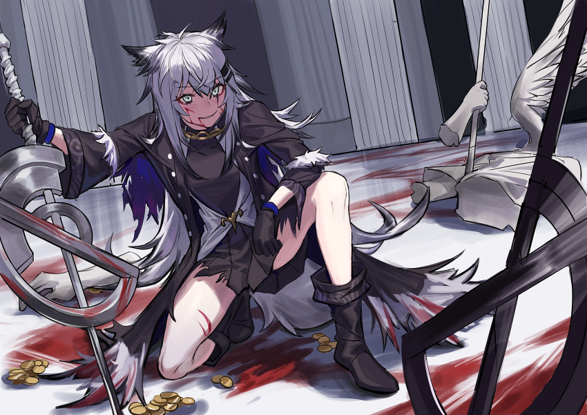 1girl absurdres adapted_costume ahoge animal_ears arknights arm_on_knee bare_legs black_coat black_footwear black_gloves black_hair black_shirt black_skirt bleeding blood blood_on_face boots breasts coat coin commentary cuts eyebrows_visible_through_hair gloves grey_eyes grin hair_between_eyes hair_ornament hairclip highres injury kneeling kyo_(krokikyon) lappland_(arknights) long_hair medium_breasts miniskirt multicolored_hair one_knee open_clothes open_coat pillar pleated_skirt rubble shirt silver_hair skirt smile solo statue streaked_hair sword tail thighs two-tone_hair weapon wolf_ears wolf_tail