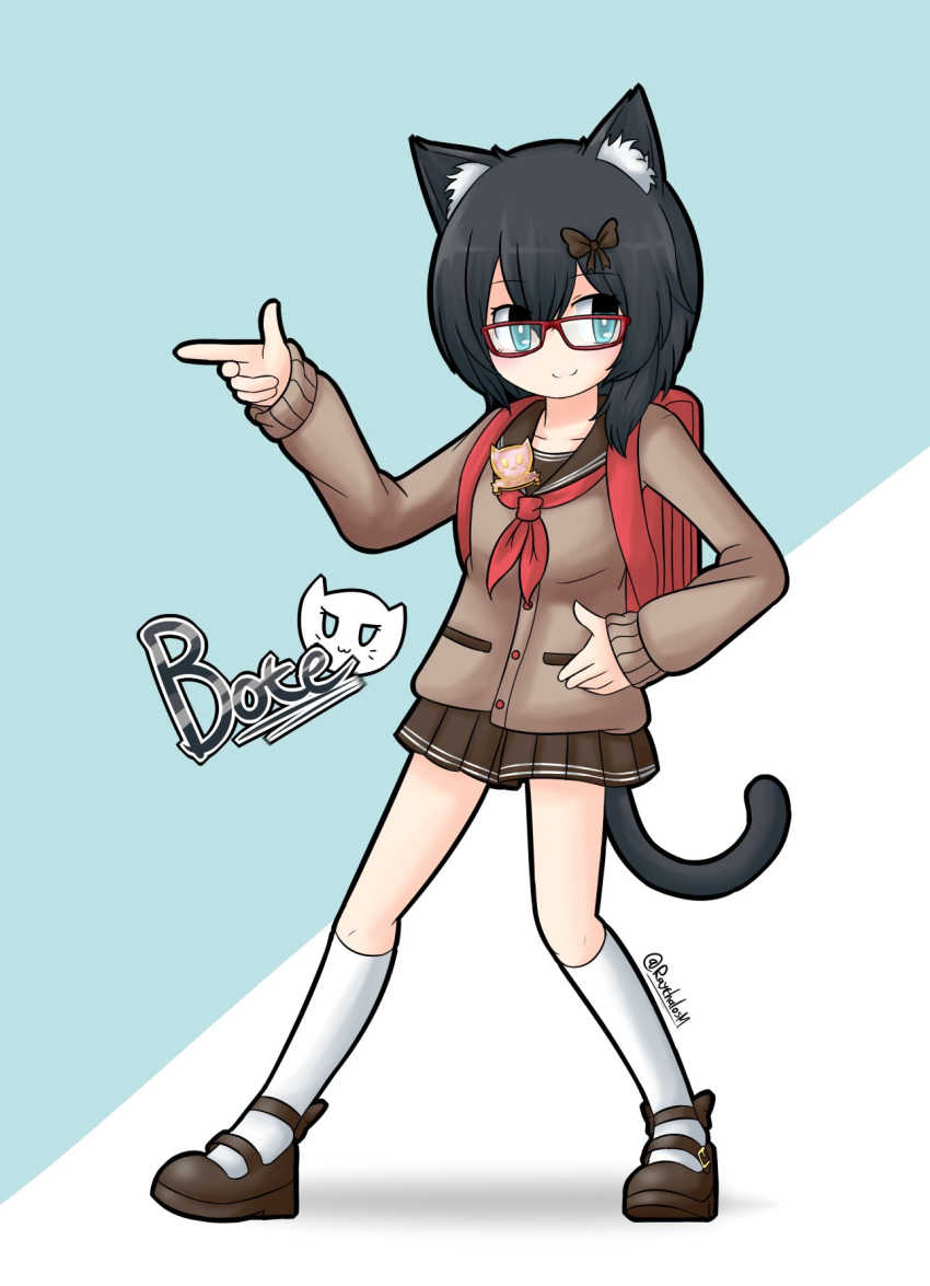 1girl :3 animal_ears backpack bag black_bow black_hair blue_eyes blush bow brown_footwear brown_skirt cardigan cat_ears cat_tail closed_mouth commission hair_bow highres kneehighs long_sleeves looking_at_viewer neckerchief original pleated_skirt randoseru raythalosm red-framed_eyewear red_neckwear short_hair skirt smile solo tail twitter_username white_legwear