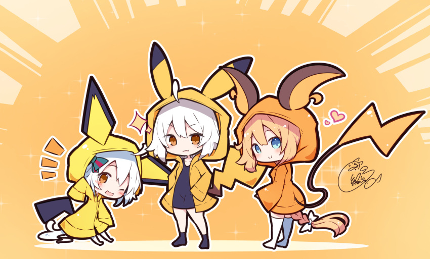 3girls ;d bangs beni_shake black_dress black_legwear blonde_hair blush bow braid brown_background brown_eyes chibi closed_mouth collarbone commentary_request cosplay dress eyebrows_visible_through_hair fate/grand_order fate_(series) gen_1_pokemon gen_2_pokemon hair_between_eyes hair_bow heart highres hood hood_up hooded_jacket jacket jeanne_d'arc_(alter)_(fate) jeanne_d'arc_(fate) jeanne_d'arc_(fate)_(all) jeanne_d'arc_alter_santa_lily long_hair multiple_girls no_shoes notice_lines one_eye_closed open_mouth orange_jacket outline parted_lips pichu pichu_(cosplay) pichu_ears pikachu pikachu_(cosplay) pikachu_ears pikachu_tail pokemon_ears raichu raichu_(cosplay) shadow signature smile socks sparkle sparkle_background standing tail thigh-highs very_long_hair white_bow white_hair white_legwear white_outline yellow_jacket