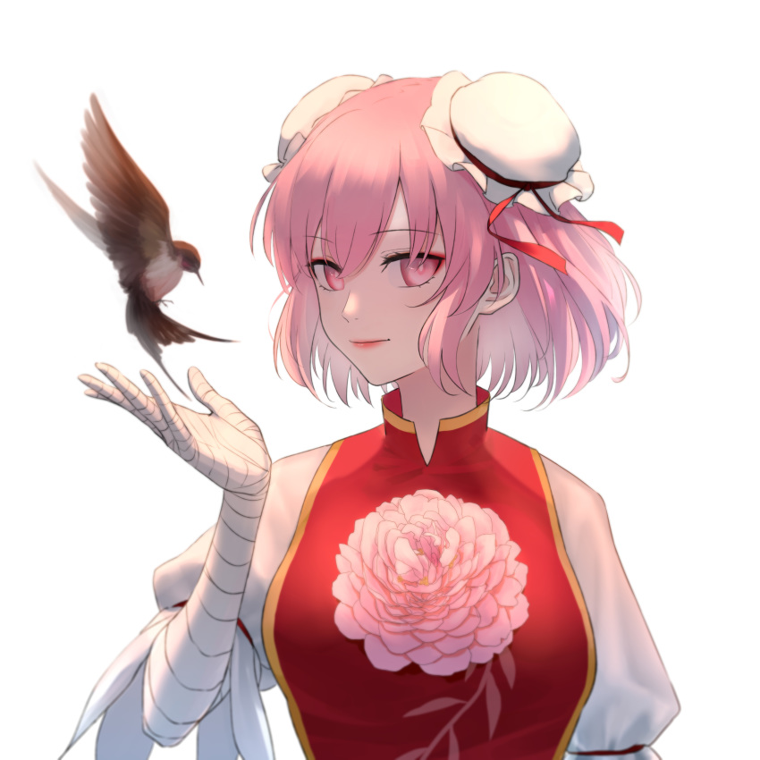 1girl absurdres bandaged_arm bandages bangs bird breasts bun_cover chinese_clothes chinese_commentary collar double_bun flower genmacxiii highres ibaraki_kasen layered_clothing lips looking_at_viewer open_hand pink_eyes pink_flower pink_hair pink_rose puffy_sleeves red_ribbon ribbon rose short_hair short_sleeves sideways_glance solo tied_sleeves touhou white_hair