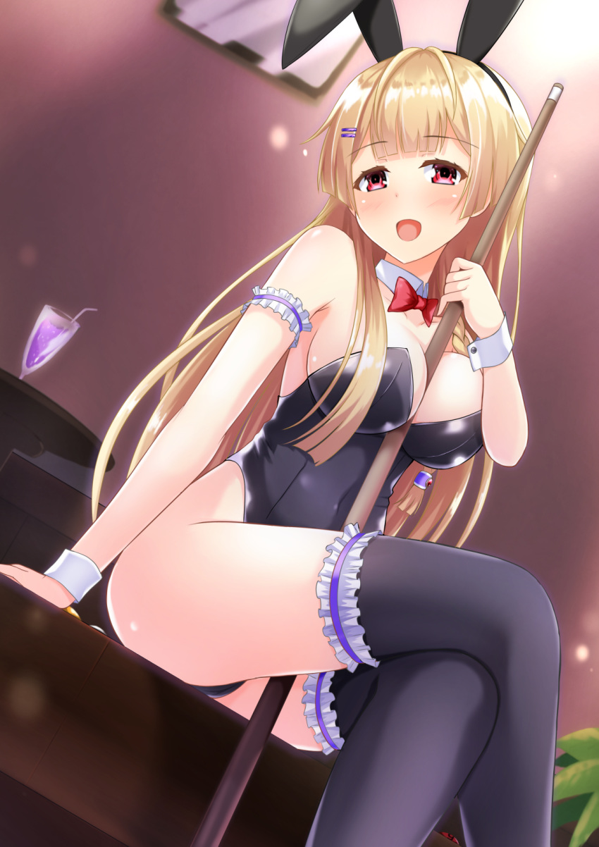 1girl animal_ears bangs between_breasts black_legwear black_leotard blonde_hair blunt_bangs bow bowtie breasts bunny_girl bunny_tail bunnysuit collarbone commentary_request cue_stick detached_collar drink dutch_angle frilled_legwear gungun_(hakutou7887) highres leotard long_hair looking_at_viewer medium_breasts original rabbit_ears red_eyes red_neckwear sitting smile solo strapless strapless_leotard tail thigh-highs wrist_cuffs