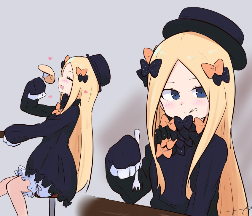 1girl :d :q abigail_williams_(fate/grand_order) bangs black_bow black_dress black_headwear blonde_hair bloomers blue_eyes blush bow bug butterfly closed_eyes commentary_request dress drooling fate/grand_order fate_(series) feet_out_of_frame food food_on_face fork hair_bow hat heart highres holding holding_fork insect kujou_karasuma long_hair long_sleeves multiple_views open_mouth orange_bow parted_bangs polka_dot polka_dot_bow saliva sitting sleeves_past_fingers sleeves_past_wrists smile table tongue tongue_out underwear very_long_hair white_bloomers