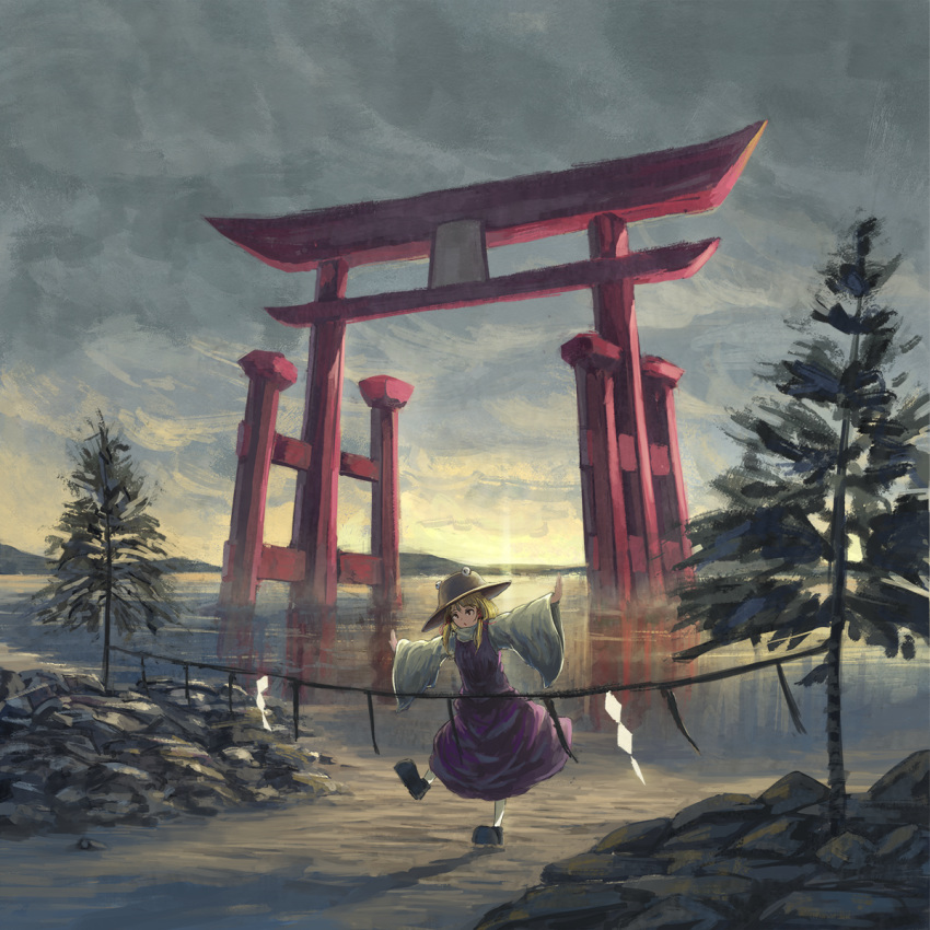 1girl balancing black_footwear blonde_hair clouds cloudy_sky commentary_request dress evening fjsmu hat highres long_sleeves medium_hair moriya_suwako outdoors outstretched_arms purple_dress purple_vest rock sky sleeves_past_wrists solo standing standing_on_one_leg sunlight sunset torii touhou tree turtleneck vest white_legwear wide_sleeves
