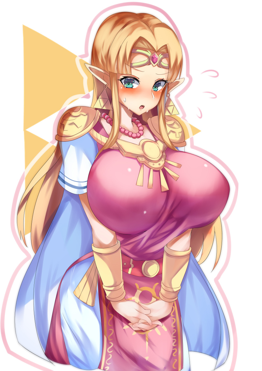 1girl absurdres alternate_breast_size blonde_hair blush breasts dress green_eyes highres huge_breasts long_hair pink_dress pointy_ears princess_zelda super_smash_bros. tagme tea_texiamato the_legend_of_zelda tiara triforce