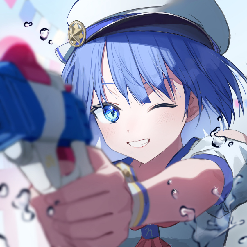 1girl absurdres aiming aiming_at_viewer blue_background blue_eyes blue_hair blurry blurry_foreground bob_cut clothing_cutout commentary_request grin gun hat highres holding holding_gun holding_weapon kiritani_haruka one_eye_closed project_sekai shirt short_hair short_sleeves shoulder_cutout simple_background smile solo string_of_flags tte_wake!? water_drop water_gun weapon white_headwear white_shirt