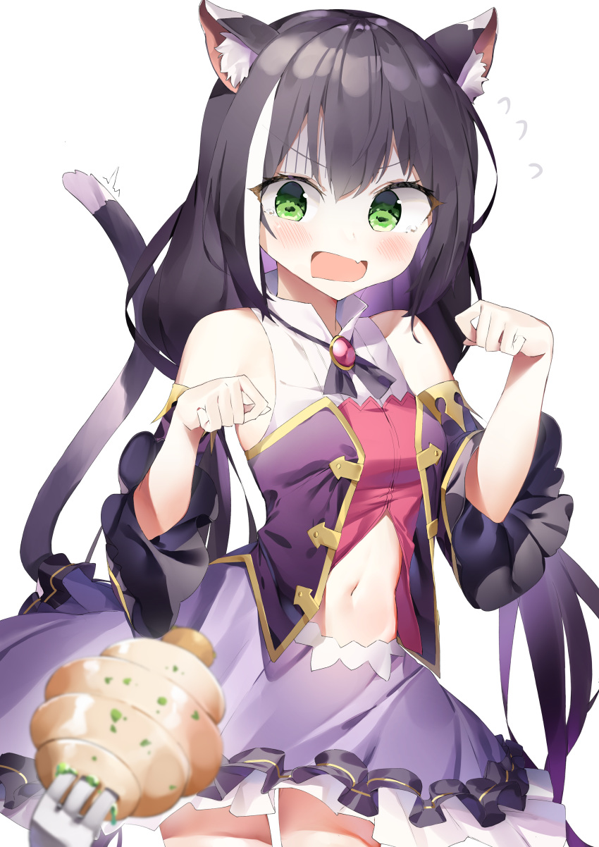1girl absurdres angry animal_ear_fluff animal_ears bangs bare_shoulders black_hair blush breasts cat_ears cat_girl cat_tail commentary_request eyebrows_visible_through_hair fang food fork gem green_eyes highres karyl_(princess_connect!) long_hair low_twintails multicolored_hair navel open_mouth paw_pose princess_connect! princess_connect!_re:dive simple_background skin_fang sog-igeobughae solo streaked_hair tail twintails very_long_hair white_background white_hair