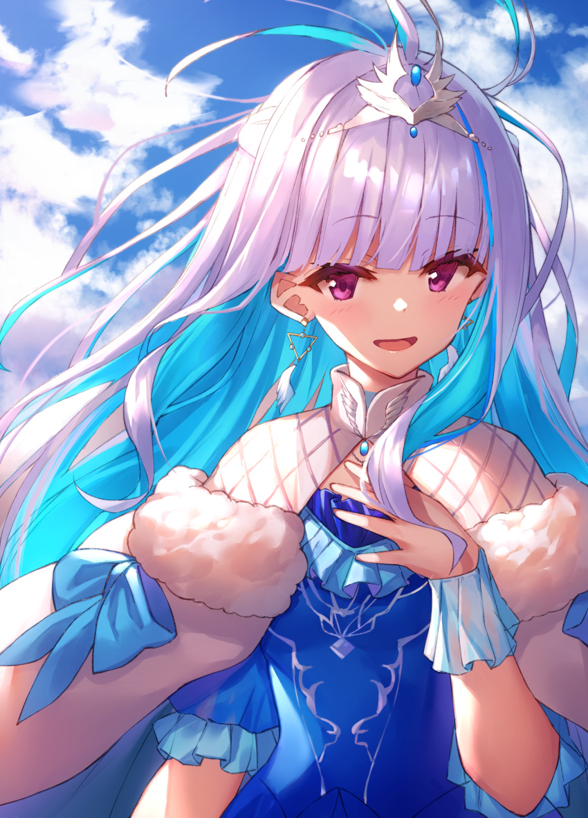 1girl :d absurdres ahoge bangs blue_bow blue_dress blue_hair blue_sky blush bow cloak clouds cloudy_sky commentary_request day dress earrings eyebrows_visible_through_hair fur-trimmed_cloak fur_trim hand_up headpiece highres jewelry lize_helesta long_hair multicolored_hair nijisanji open_mouth outdoors puffy_short_sleeves puffy_sleeves short_sleeves silver_hair sky smile solo two-tone_hair upper_body very_long_hair violet_eyes virtual_youtuber white_cloak yuuki_nao_(pixiv10696483)