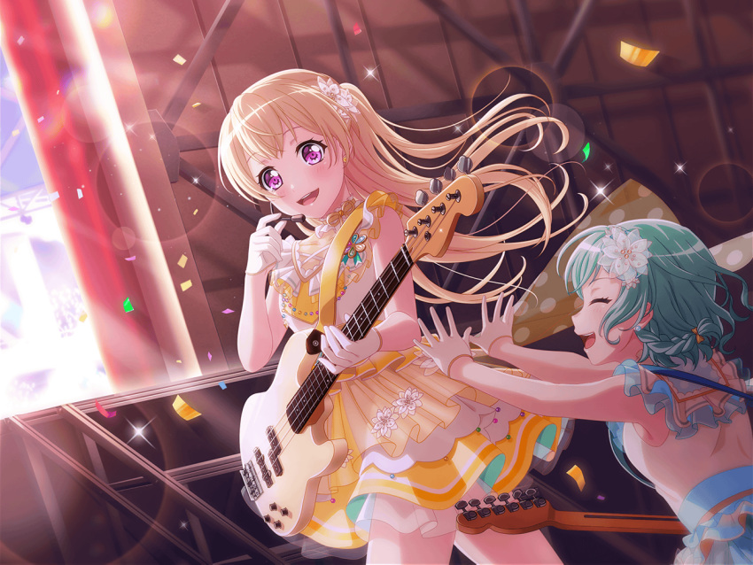 bang_dream! blonde_hair blush dress guitar long_hair shirasagi_chisato smile violet_eyes