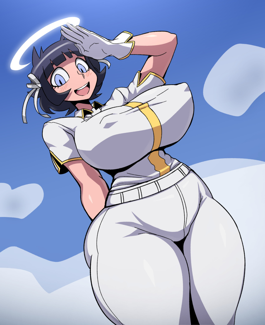 1girl angel angel_wings azazel_(helltaker) black_hair blue_eyes blue_sky blush breasts covered_nipples erect_nipples female gloves halo helltaker highres hips huge_breasts jadf large_breasts looking_at_viewer open_mouth pants salute shiny shiny_hair shiny_skin short_hair short_sleeves sky smile solo standing teeth thick_thighs thighs tongue wide_hips wings