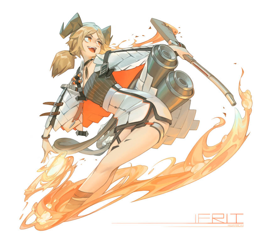 1girl absurdres arknights breasts character_name chen_zhang commentary_request eyebrows_visible_through_hair fang fire gun highres horns ifrit_(arknights) looking_to_the_side no_tail orange_eyes originium_(arknights) platinum_blonde_hair short_hair slit_pupils small_breasts solo thighs weapon white_background
