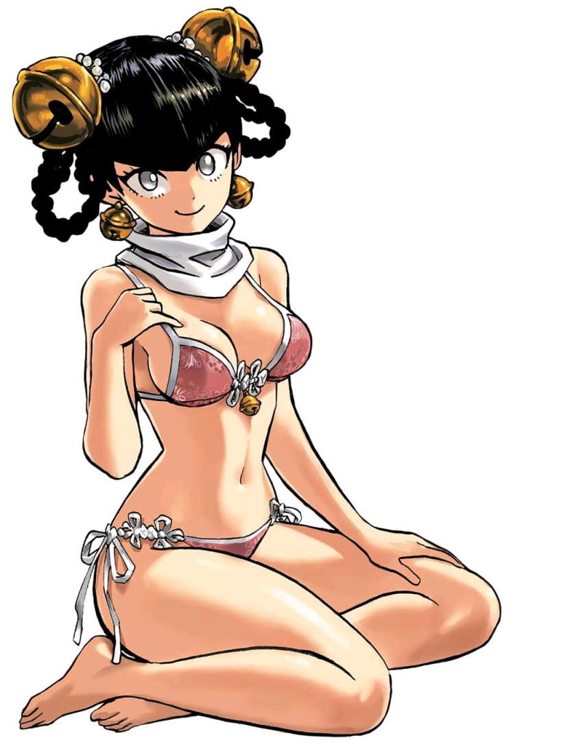 1girl barefoot bell bell_earrings bikini black_hair breasts earrings full_body grey_eyes hair_bell hair_ornament hair_rings hand_on_own_leg highres jewelry lin_lin_(one-punch_man) looking_at_viewer medium_breasts murata_yuusuke no_pupils official_art one-punch_man scarf side-tie_bikini simple_background sitting smile solo swimsuit white_background yokozuwari