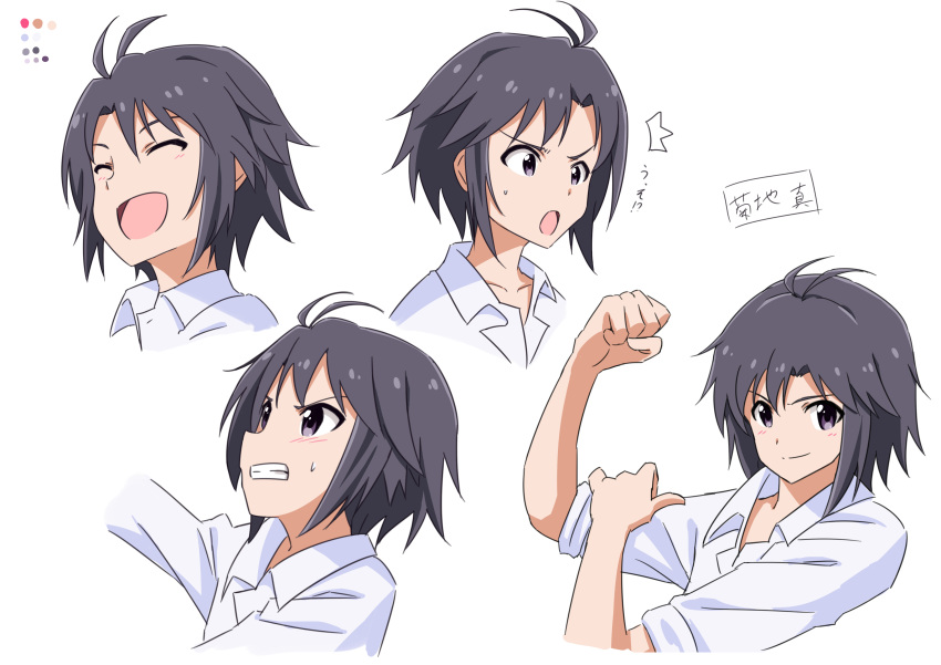 1girl absurdres ahoge black_hair clenched_teeth expressions flexing highres idolmaster kikuchi_makoto oolong_tea open_mouth portrait pose shirt short_hair smile solo sweatdrop teeth variations white_background