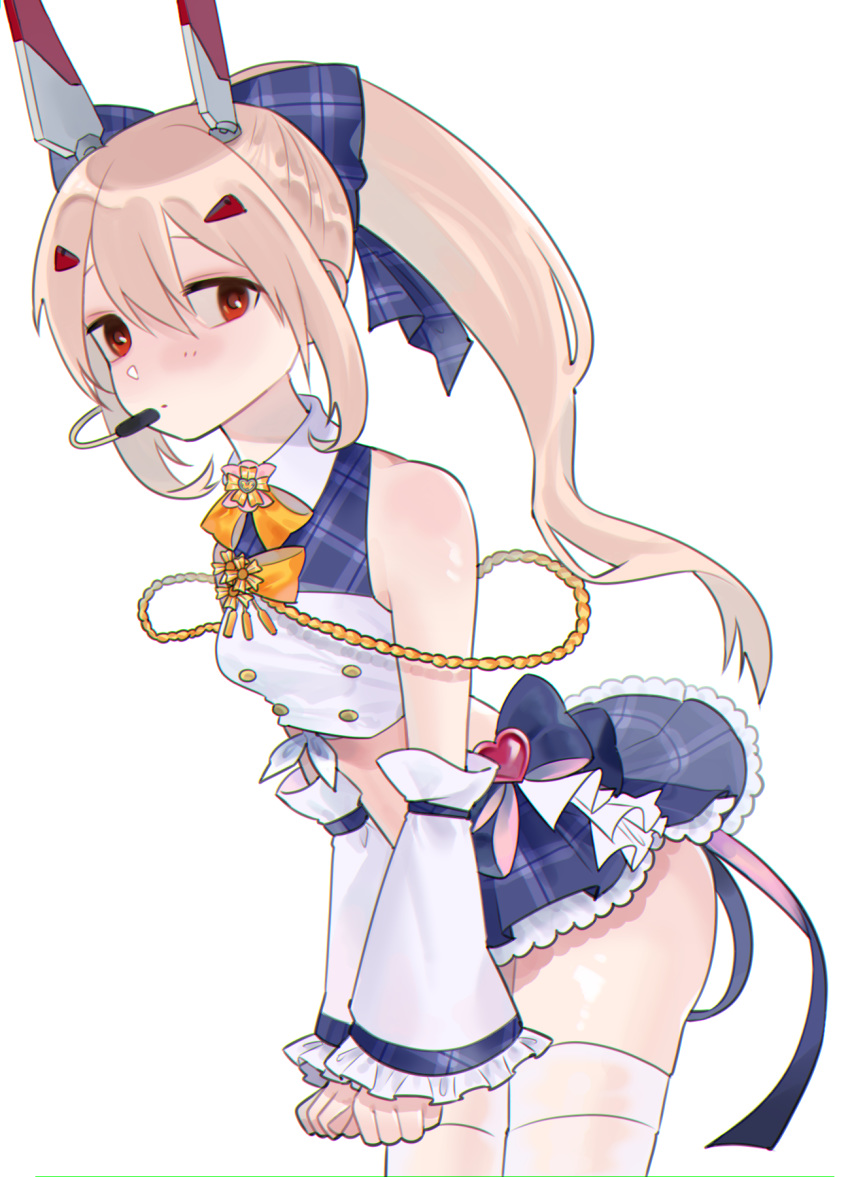 1girl ayanami_(azur_lane) ayanami_(troubled_star_idol)_(azur_lane) azur_lane bangs bare_shoulders blonde_hair blue_bow blue_skirt bow breasts buttons chromatic_aberration closed_mouth crop_top detached_sleeves hair_between_eyes hair_bow hair_ornament headgear heart highres legs_together long_hair microphone microskirt p_p_p99 plaid plaid_bow plaid_skirt ponytail red_eyes simple_background skirt sleeveless sleeves_past_wrists small_breasts solo thigh-highs white_background white_legwear zettai_ryouiki