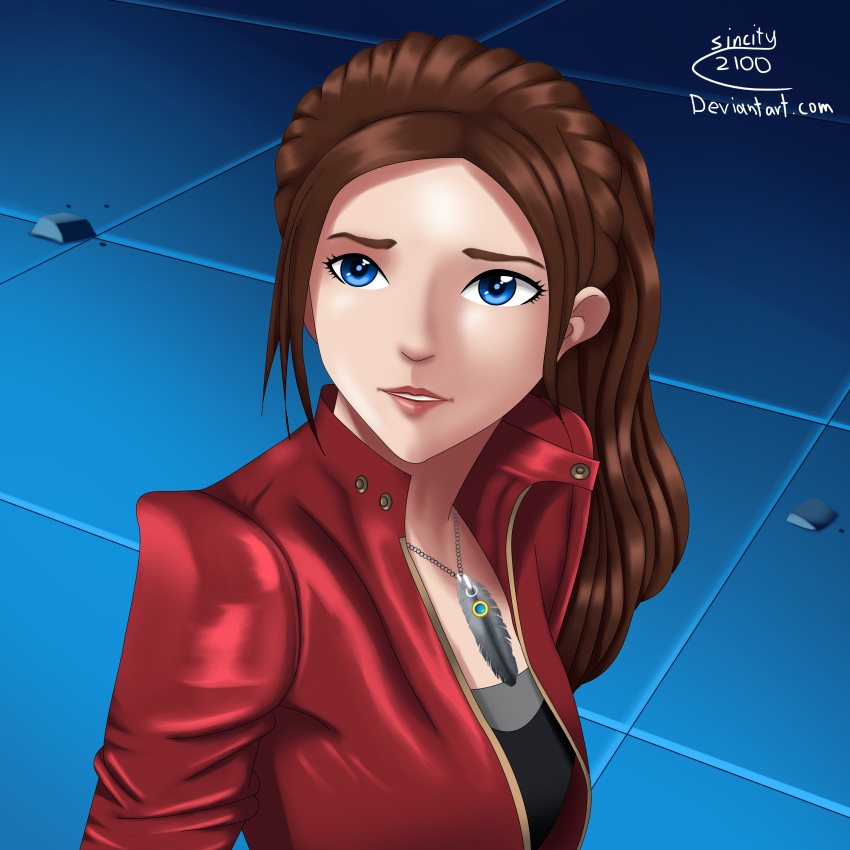 1girl black_shirt blue_eyes brown_hair claire_redfield feather_necklace pendant ponytail red_jacket resident_evil_2 sailor_moon_redraw_challenge sincity2100 worried