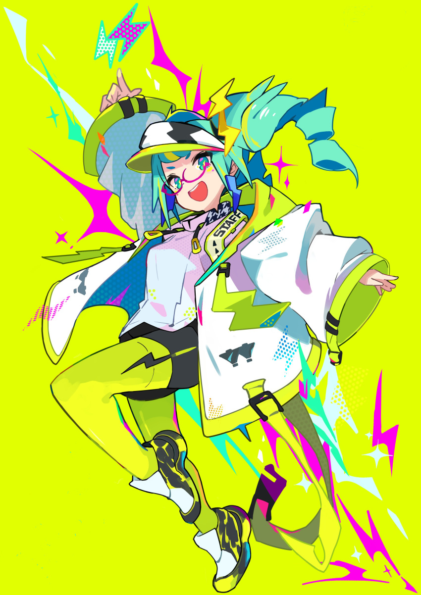 1girl absurdres aqua_eyes aqua_hair arm_up earrings english_text glasses green_background green_legwear hat highres jacket jewelry kurumitsu lightning_bolt lightning_bolt_earrings open_mouth original pointing purple-framed_eyewear simple_background sleeves_past_wrists smile solo sparkle teeth thigh-highs upper_teeth white_jacket