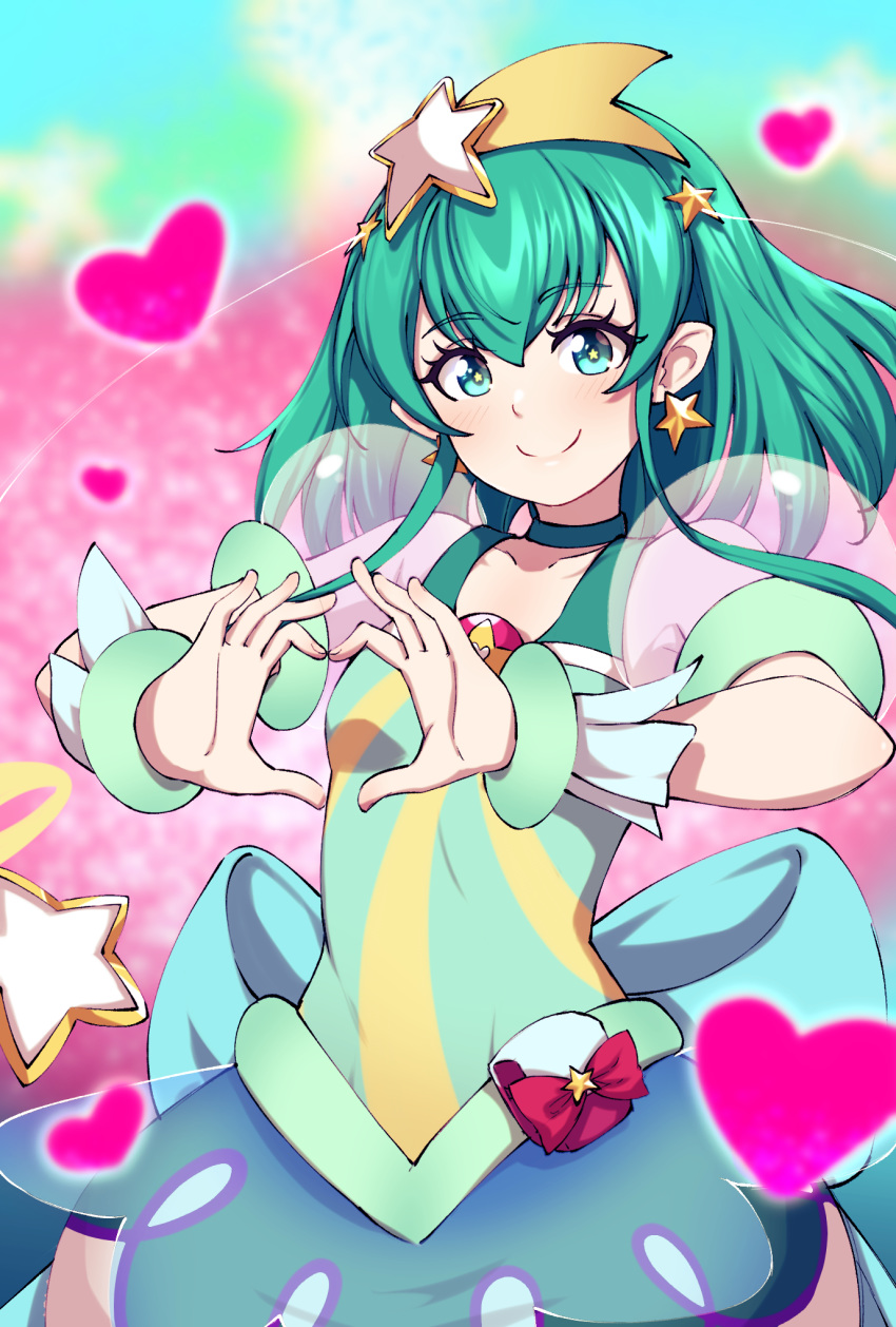 1girl blue_eyes blush bubble_skirt choker closed_mouth collarbone cure_milky disco_brando earrings eyebrows_visible_through_hair green_hair hagoromo_lala heart heart_hands highres jewelry looking_at_viewer magical_girl precure short_hair skirt smile solo star star-shaped_pupils star_earrings star_twinkle_precure symbol-shaped_pupils