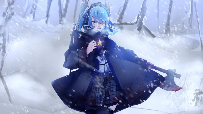 absurdres axe beret bloody_axe blue_eyes blue_hair coat cowboy_shot english_text gun hair_over_one_eye hair_ribbon hat highres hololive hoshimachi_suisei msakuyascarlet open_mouth plaid plaid_skirt project_winter ribbon rifle rifle_on_back side_ponytail skirt smile sniper_rifle snow weapon