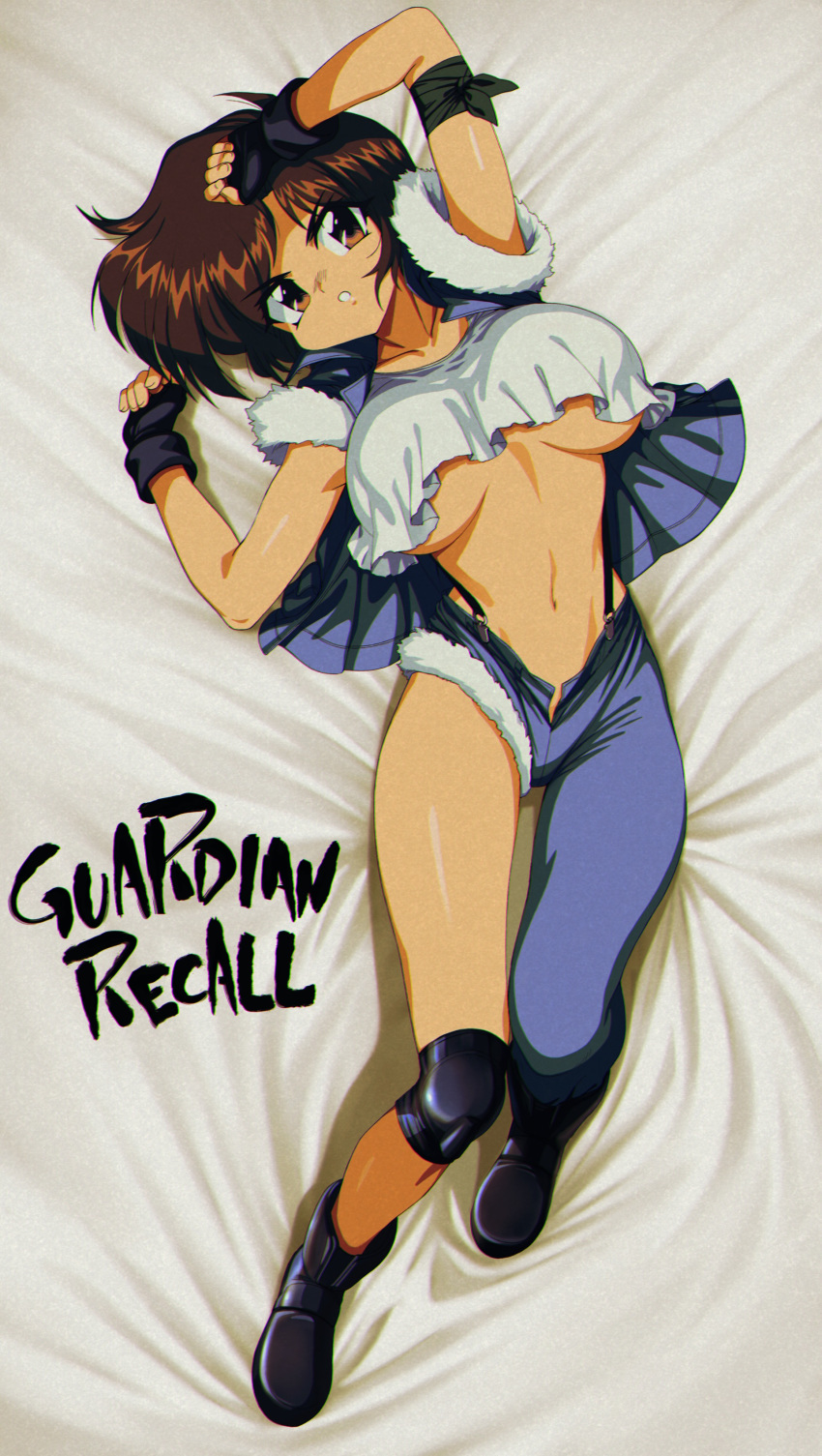1girl absurdres asymmetrical_clothes bed_sheet black_gloves breasts brown_eyes brown_hair copyright_name daichi_yuuko denim fingerless_gloves full_body gloves guardian_recall highres jacket jeans knee_pads large_breasts lying navel on_back open_clothes open_fly open_jacket pants parted_lips single_pantsleg sleeveless sleeveless_jacket solo suspenders under_boob