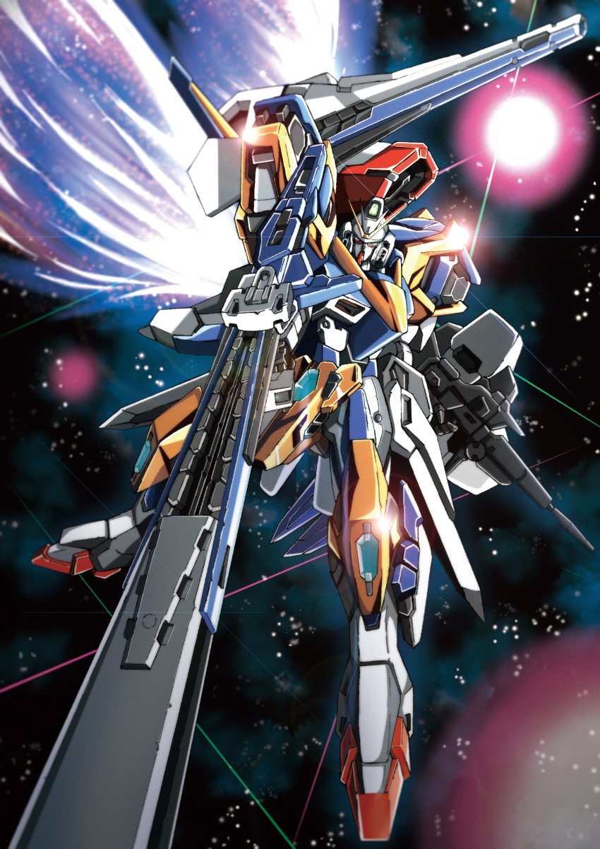 absurdres beam_rifle energy_gun green_eyes gun gundam highres holding holding_gun holding_weapon huge_filesize looking_at_viewer mecha no_humans railgun robot solo space sunflower_(tomodog422) v2_gundam victory_gundam weapon