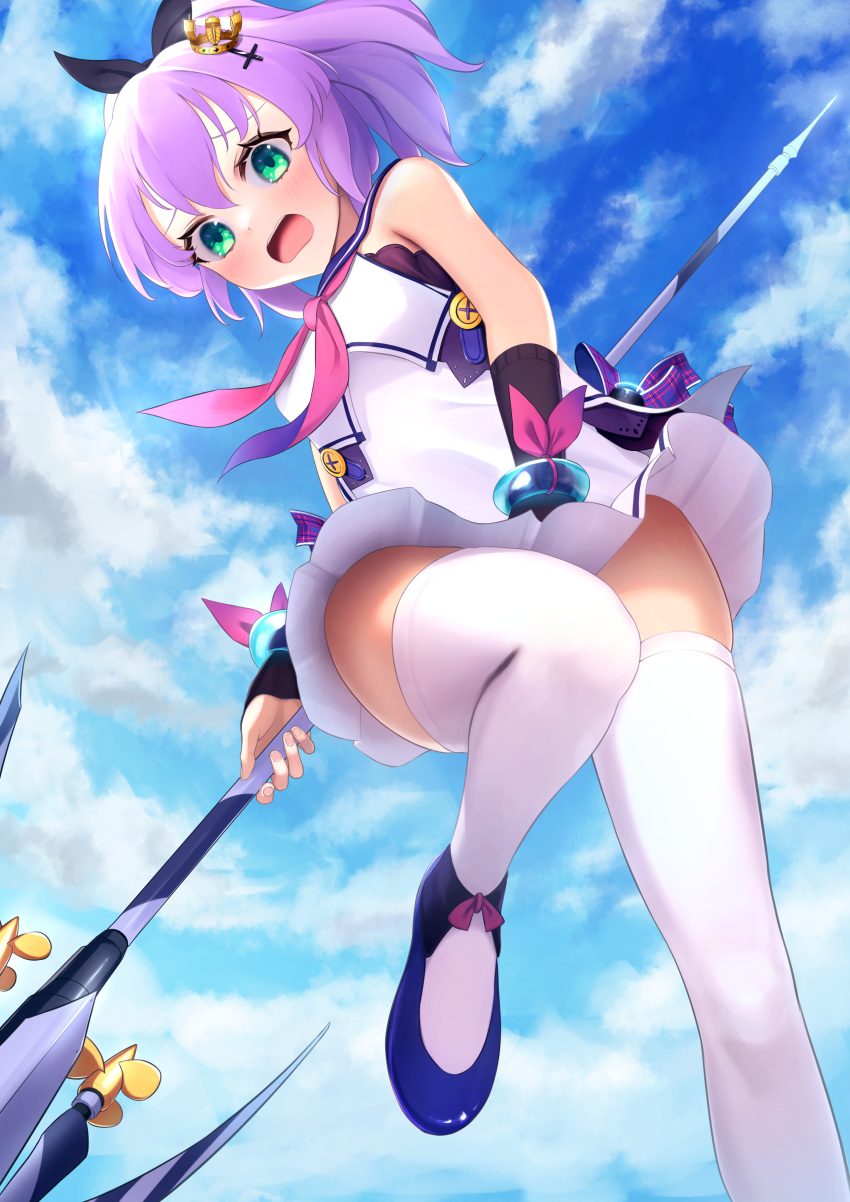 1girl absurdres azur_lane bangs bare_shoulders black_ribbon blue_sailor_collar blue_sky blush bracelet breasts bridal_gauntlets clouds cloudy_sky commentary covering covering_crotch cowboy_shot cross_hair_ornament crown day dress embarrassed eyebrows_behind_hair from_below green_eyes hair_between_eyes hair_ornament hair_ribbon high_ponytail highres holding_javelin huge_filesize javelin javelin_(azur_lane) jewelry looking_at_viewer medium_breasts mini_crown neckerchief open_mouth pink_neckwear ponytail purple_footwear purple_hair retrofit_(azur_lane) ribbon sailor_collar sailor_dress shoes sidelocks skindentation sky sleeveless sleeveless_dress solo standing standing_on_one_leg thigh-highs tilted_headwear white_dress white_legwear yatarime