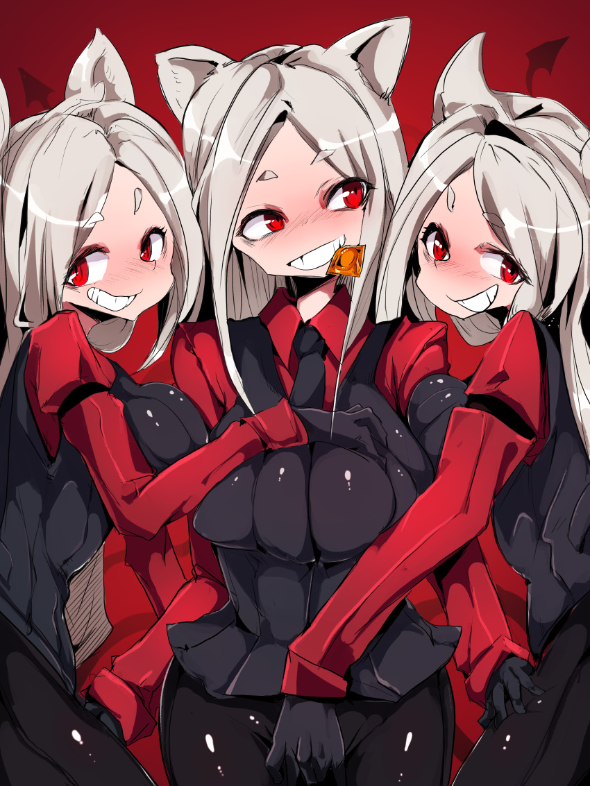 3girls absurdres animal_ears black_gloves breasts cerberus_(helltaker) demon_girl demon_tail diddms1999 dog_ears dog_girl fang gloves helltaker highres long_hair multiple_girls red_eyes red_shirt shirt smile tail triplets vest white_hair