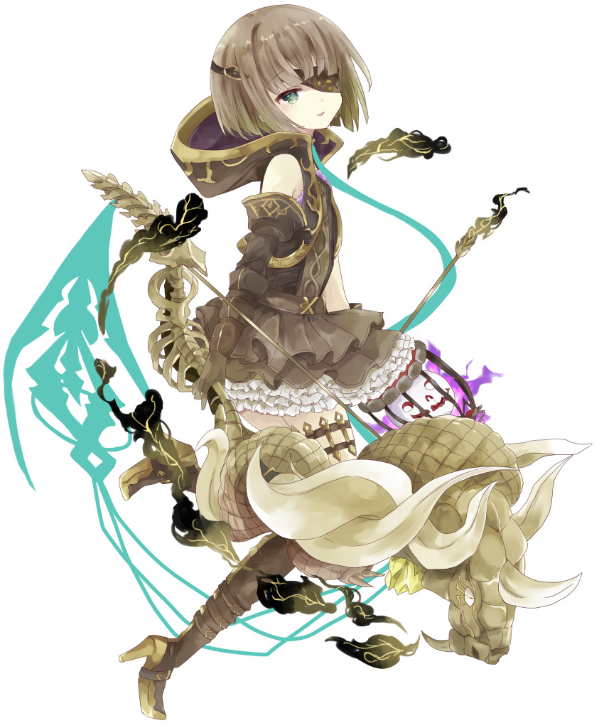 1girl absurdres bangs bare_shoulders boots bow_(weapon) brown_dress brown_footwear brown_gloves brown_hair brown_legwear commentary_request dress elbow_gloves eyebrows_visible_through_hair eyepatch gloves green_eyes gretel_(sinoalice) high_heel_boots high_heels highres holding holding_bow_(weapon) holding_weapon hood hood_down looking_at_viewer looking_to_the_side parted_lips short_hair simple_background sinoalice sleeveless sleeveless_dress smile solo spine thigh-highs thigh_boots tsukiyo_(skymint) weapon white_background