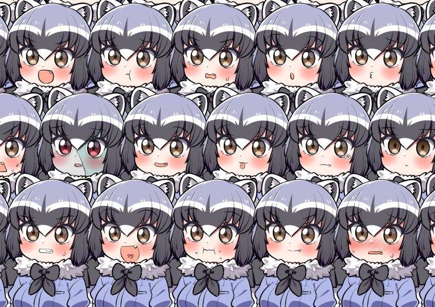6+girls :p :t animal_ears black_fur blue_hair blue_sweater blush bow bowtie brown_eyes clenched_teeth common_raccoon_(kemono_friends) eyebrows_visible_through_hair fang fur_collar grey_hair heart heart_in_mouth highres kemono_friends multicolored_hair multiple_girls multiple_persona ngetyan nose_blush odd_one_out open_mouth patchwork_skin pout puffy_short_sleeves puffy_sleeves raccoon_ears raccoon_girl red_eyes short_hair short_sleeves sweat sweater tearing_up teeth tongue tongue_out wavy_mouth white_fur white_hair zombie