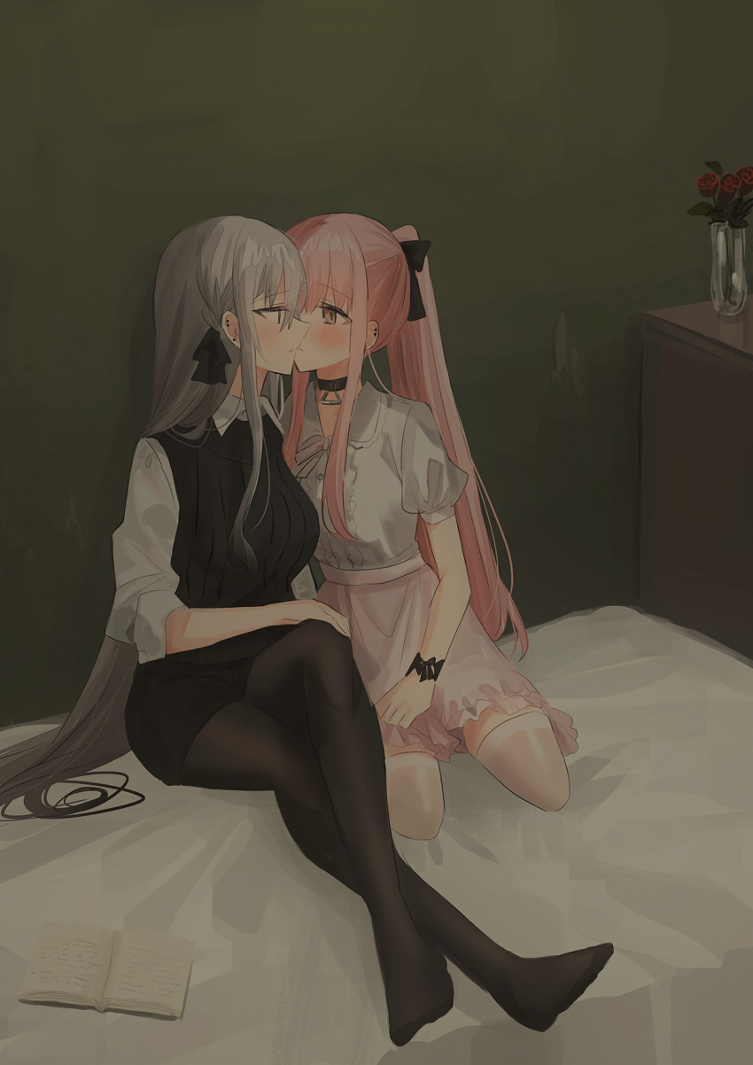2girls bangs bed black_bow black_legwear black_shorts blush book bow braid breasts brown_eyes chihuri collared_shirt commentary_request ear_piercing earrings eye_contact eyebrows_visible_through_hair flower frilled_skirt frills grey_eyes grey_hair hair_between_eyes hair_bow highres imminent_kiss indoors jewelry knee_up legwear_under_shorts long_hair looking_at_another medium_breasts multiple_girls on_bed open_book original pantyhose parted_lips piercing pink_hair pink_skirt ponytail profile puffy_short_sleeves puffy_sleeves red_flower red_rose rose shirt short_shorts short_sleeves shorts sitting skirt stud_earrings sweater_vest thigh-highs vase very_long_hair white_legwear white_shirt yana_(chihuri) yuri zoya_petrovna_vecheslova