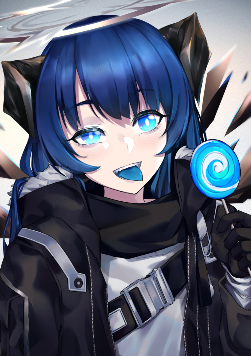 1girl :d arknights bangs black_gloves black_jacket blue_eyes blue_hair blue_tongue blush candy commentary food fur-trimmed_jacket fur_trim gloves halo hand_up highres holding holding_food horns jacket lollipop long_hair long_sleeves mostima_(arknights) open_clothes open_jacket open_mouth shirt smile solo tongue tongue_out upper_body wakamepiza white_shirt