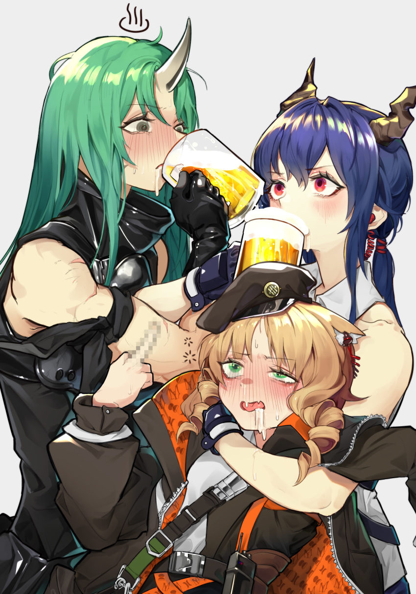 3girls absurdres alcohol arknights arm_ribbon arm_scarf bare_shoulders black_gloves black_headwear black_jacket black_shirt blonde_hair blue_hair blush censored ch'en_(arknights) collared_shirt commentary_request cup dpea9 dragon_horns drill_hair drill_locks drinking eyebrows_visible_through_hair gloves green_eyes green_hair grey_background hair_between_eyes highres horn horns hoshiguma_(arknights) jacket long_hair low_tied_hair middle_finger mosaic_censoring multiple_girls oni_horn oni_horns open_mouth red_eyes ribbon saliva shirt side_drill swire_(arknights) white_shirt