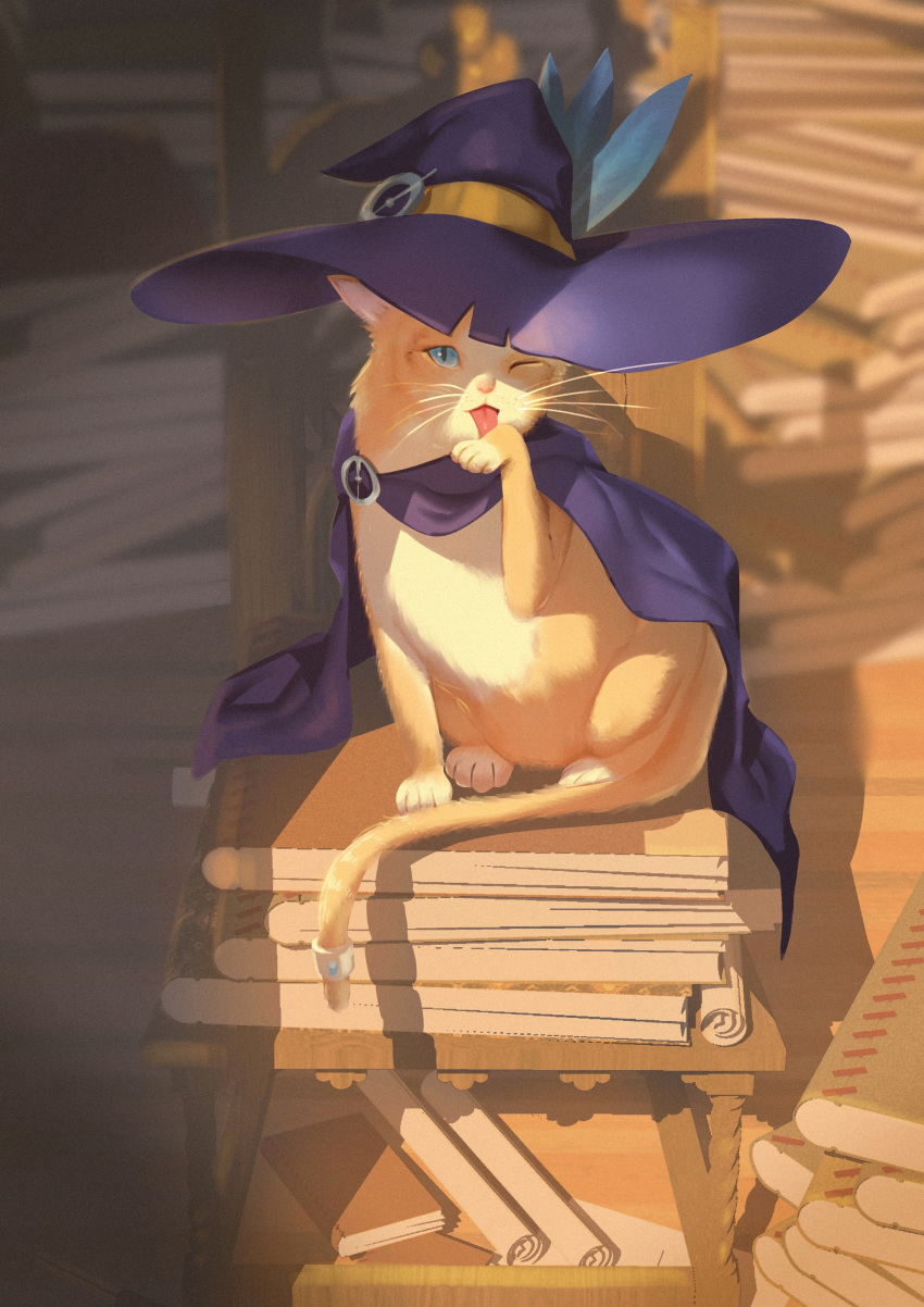 ;p absurdres animal blue_eyes book book_stack cape cat clothed_animal hat_feather hat_ornament highres jin_rou licking looking_at_viewer no_humans one_eye_closed original purple_cape purple_headwear scroll shadow shelf sunlight tail_ring tongue tongue_out whiskers