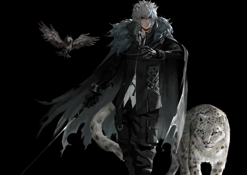 1boy animal animal_ears arknights bags_under_eyes bangs belt bird black_gloves black_jacket black_neckwear black_pants cape collared_shirt cuffs diaodiao dress_shirt feet_out_of_frame fur_trim gloves hair_ornament highres holding holding_sword holding_weapon jacket leopard_ears leopard_tail leotard long_hair long_sleeves looking_at_viewer necktie pants pocket shirt silver_hair silverash_(arknights) simple_background standing sword tail torn_cape torn_clothes unsheathed untucked_shirt weapon white_hair white_shirt zipper