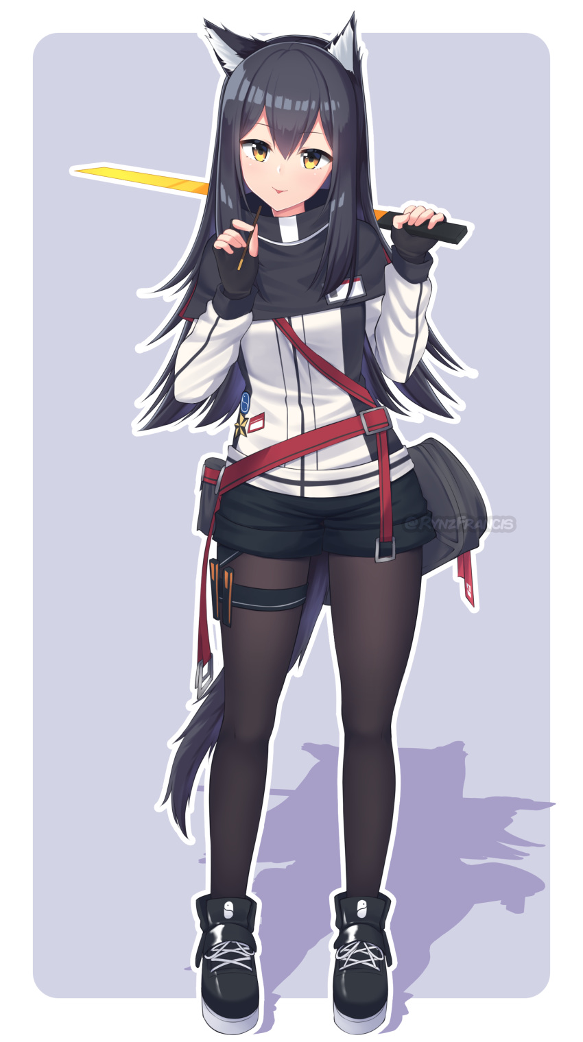 1girl :p absurdres animal_ear_fluff animal_ears arknights bag bangs black_capelet black_footwear black_gloves black_hair black_legwear black_shorts border buckle capelet closed_mouth commission eyebrows_visible_through_hair fingerless_gloves food full_body gloves highres holding holding_food holding_sword holding_weapon jacket legwear_under_shorts long_hair long_sleeves looking_at_viewer outside_border pantyhose pocky purple_background rynzfrancis shoes short_shorts shorts simple_background smile solo standing star sword tail texas_(arknights) thigh_strap tongue tongue_out twitter_username weapon white_border white_jacket wolf_ears wolf_girl wolf_tail yellow_eyes